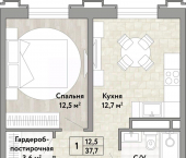 1-комн, 37 кв м, этаж 2/21 ул Нагишкина, 5