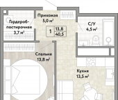 1-комн, 40 кв м, этаж 5/21 улица Нагишкина, 5